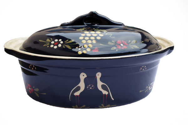 Terrine Baeckeoffe motif "Bleu cigogne" - Artisan Potier de Soufflenheim